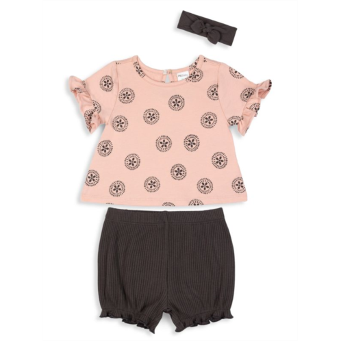 Petit Lem PL Baby Baby Girls 3-Piece Floral Top, Rib-Knit Shorts And Headband Set