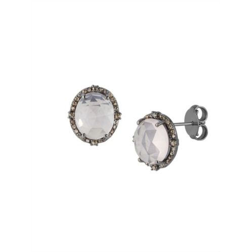 Banji Jewelry Black Rhodium Plated Sterling Silver, Rose Quartz & Diamond Stud Earrings