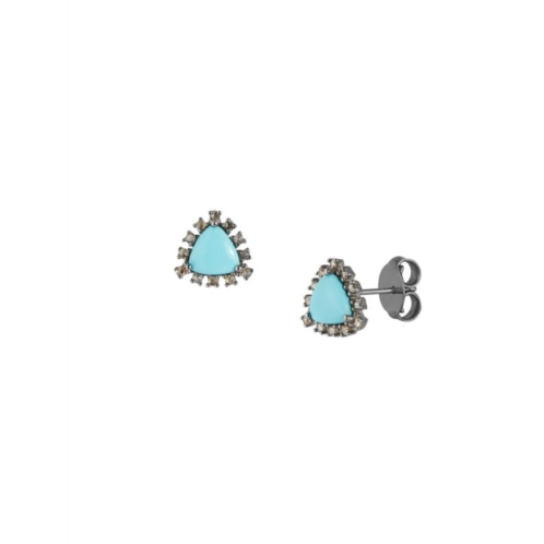 Banji Jewelry Black Rhodium Plated Sterling Silver, Brown Diamonds & Turquoise Trillion Stud Earrings