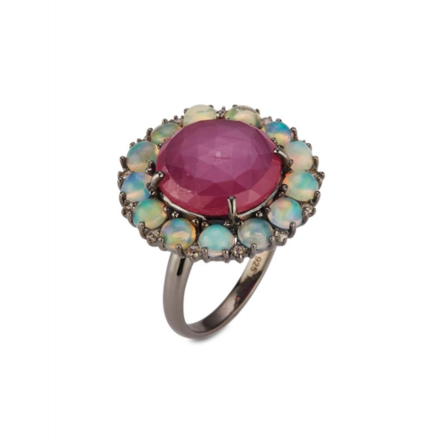 Banji Jewelry Rhodium Plated Sterling Silver, Glass-Filled Ruby, Opal & Diamond Floral Ring