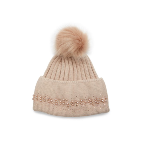 Adrienne Landau Embellished Faux Fur Pom Pom Beanie