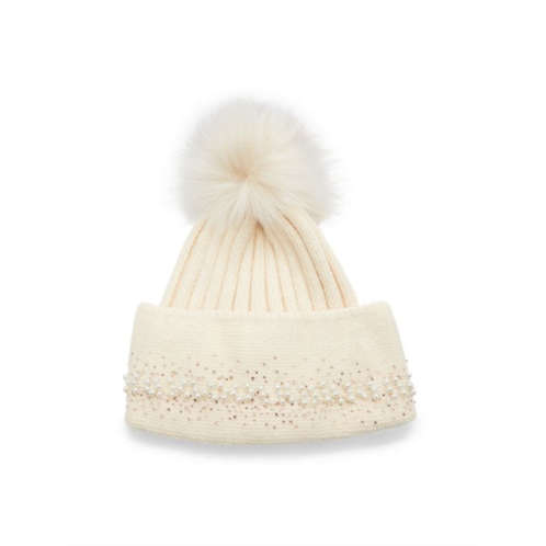 Adrienne Landau Embellished Faux Fur Pom Pom Beanie