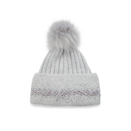 Adrienne Landau Embellished Faux Fur Pom Pom Beanie