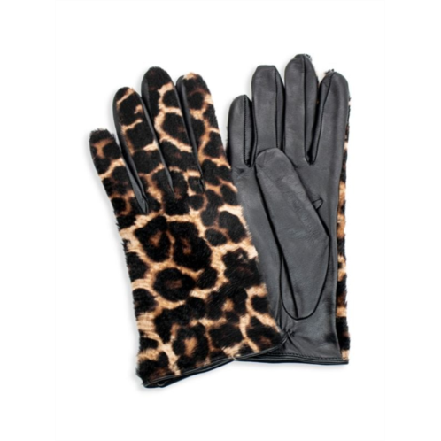 Portolano Leather & Leopard Print Pony Hair Calf Tech Gloves