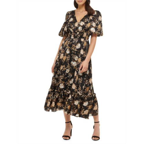 Kensie Floral Print Puff Sleeve Maxi Dress