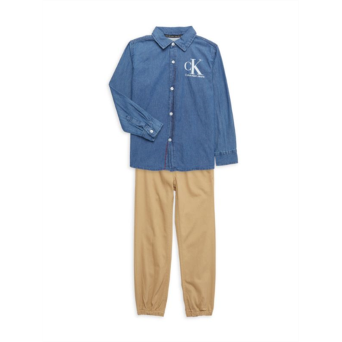 Calvin Klein Little Boys 2-Piece Logo Chambray Shirt & Joggers Set