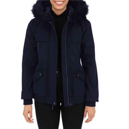 Kensie Wool Blend Faux Fur Trim Coat