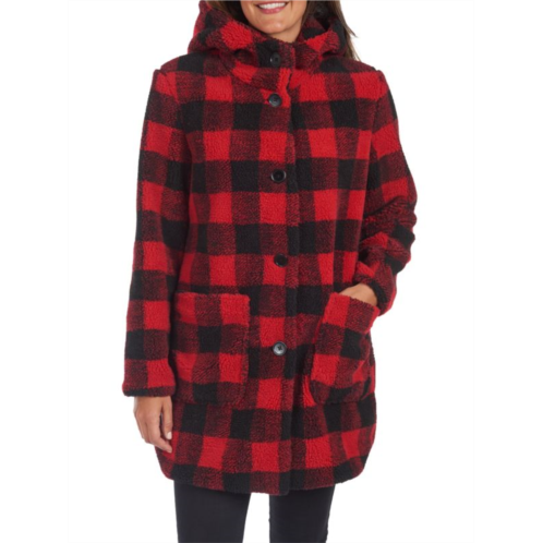 Kensie Faux Fur Hooded Plaid Coat