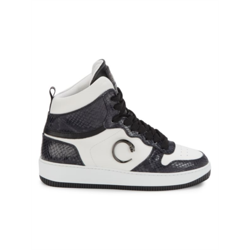 Cavalli Class by Roberto Cavalli Snakeskin Embossed Trim Leather High Top Sneakers