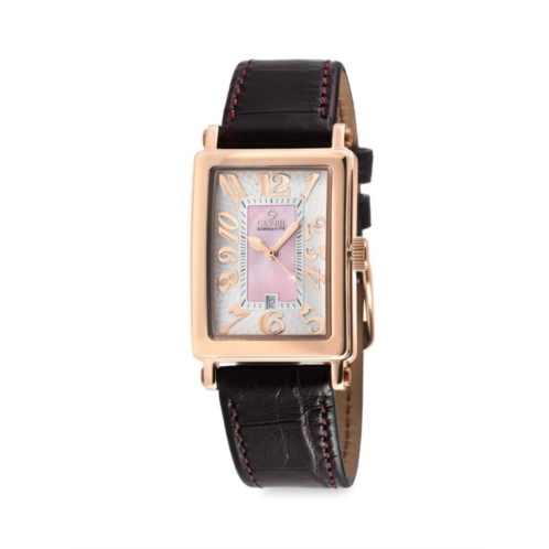 Gevril Avenue Of Americas 25MM Ion Plated Rose Goldtone Stainless Steel & Leather Strap Watch