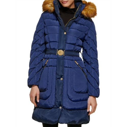 Guess Faux Fur Trim Belted Puffer Coat