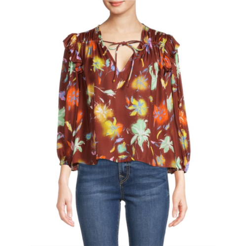 Tanya Taylor Delaney Floral Print Silk Blend Top