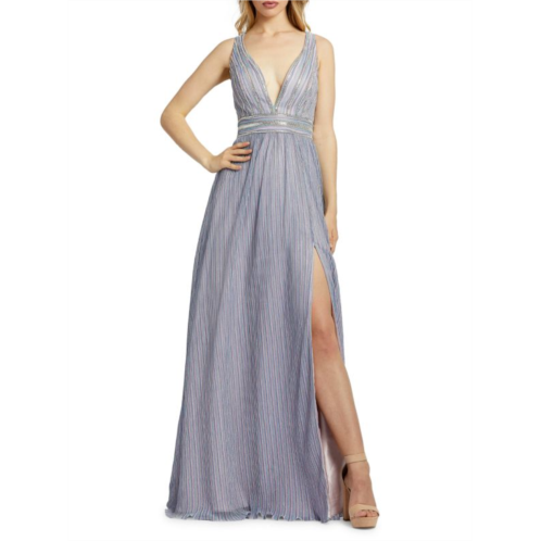 Mac Duggal Striped Front Slit Gown