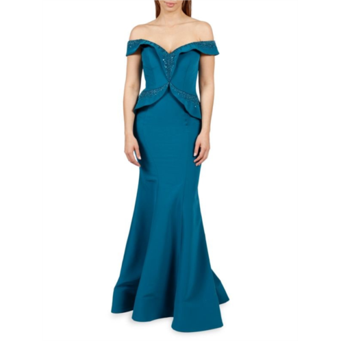Rene Ruiz Collection Embellished Peplum Fit & Flare Gown