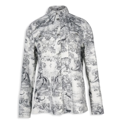 Christian Dior Toile De Jouy Button Front Long Sleeve Shirt In White And Black Cotton