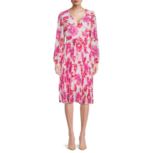 Kensie Floral Tie Waist Pleated Dress