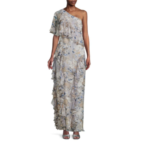 Mikael Aghal Ruffle Trim Floral Gown