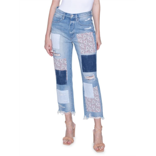 Blue Revival Paisley Patchwork Distressed Straight Jeans