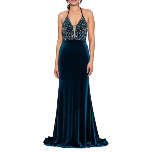 Betsy & Adam Beaded Velvet Fit and Flare Gown