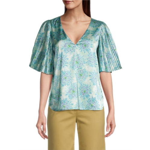 Rebecca Taylor Astera Fleur Pleated Puff-Sleeve Blouse