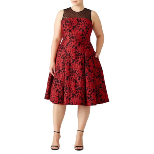 Carmen Marc Valvo Floral & Swiss Dot Midi A-Line Dress