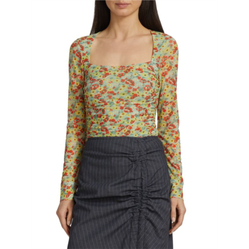 Ganni Ruched Floral Mesh Long Sleeve Top