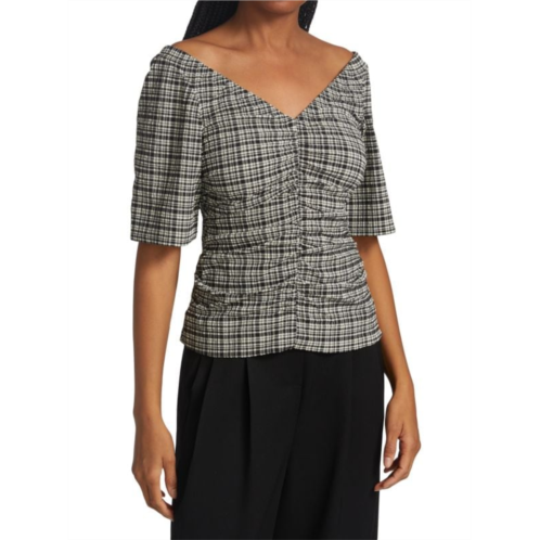 Ganni Ruched Gingham Check Blouse