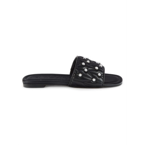 Karl Lagerfeld Paris Madyson Faux Pearl Embellished Leather Flat Sandals