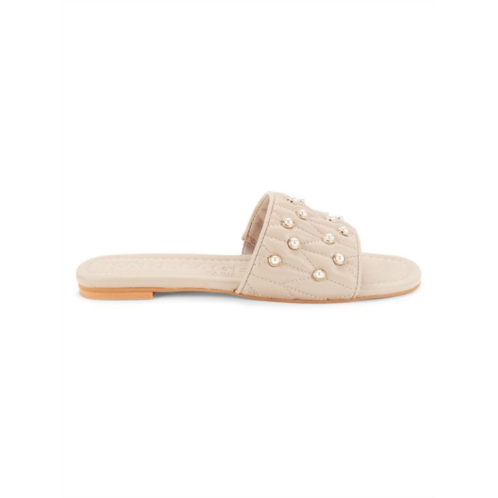 Karl Lagerfeld Paris Madyson Faux Pearl Embellished Leather Flat Sandals