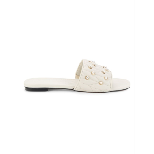 Karl Lagerfeld Paris Madyson Faux Pearl Embellished Leather Flat Sandals