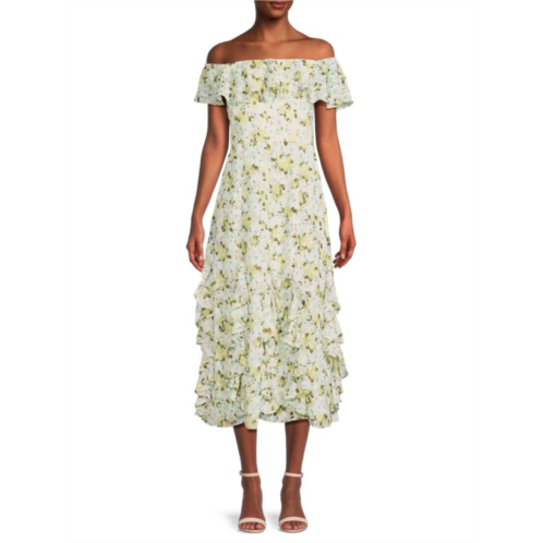 Mikael Aghal Floral Off The Shoulder Midi Dress