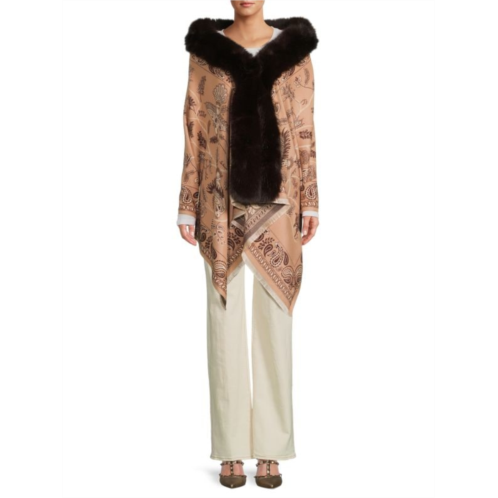 BELLE FARE Print Wool Blend & Faux Fur Trim Ruana