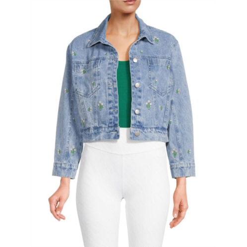 Lea & Viola Floral Embroidery Cropped Denim Jacket