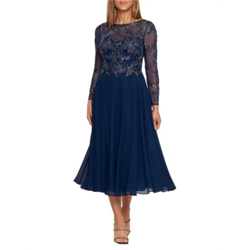 Xscape Beaded Sheer Illusion Fit and Flare Dress