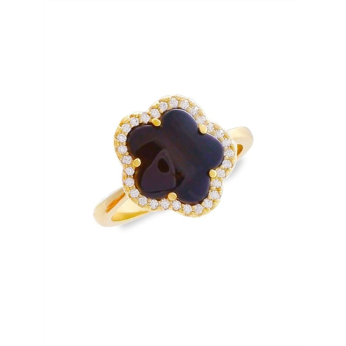 JanKuo 14K Goldplated, Onyx & Cubic Zirconia Clover Ring
