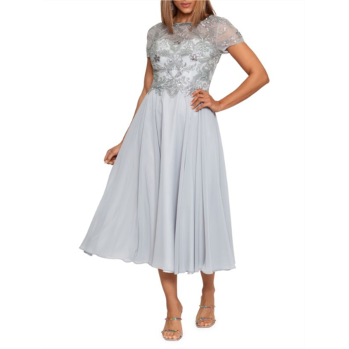 Xscape Sheer Illusion Beaded A Line Dress