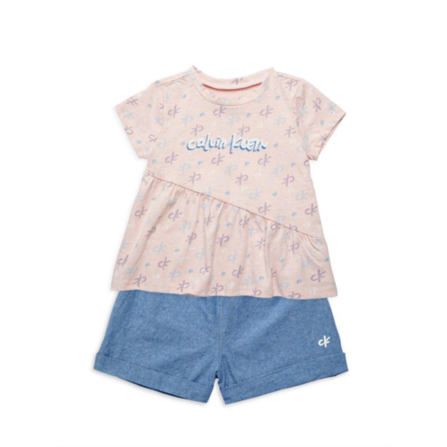 Calvin Klein Jeans Little Girls 2-Piece Logo Top & Denim Shorts Set