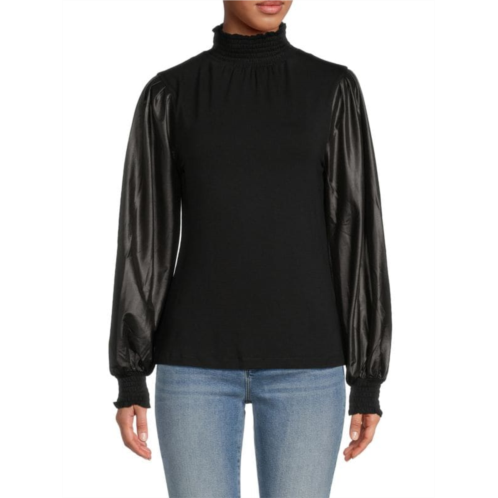 Patrizia Luca Faux Leather Sleeve Solid Top