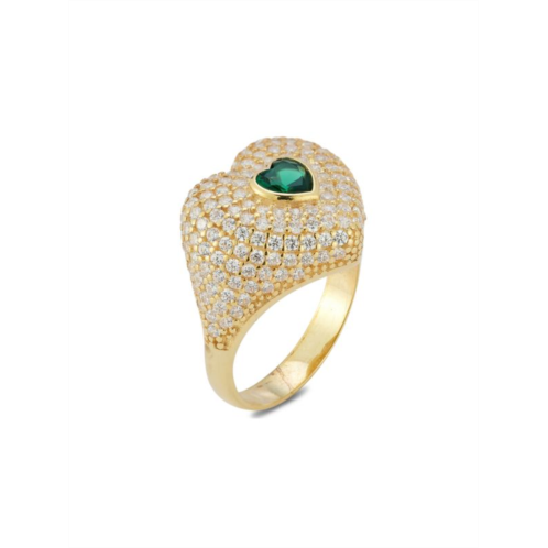 SPHERA MILANO 14K Gold Plated Sterling Silver Cubic Zirconia Pave Heart Signet Ring