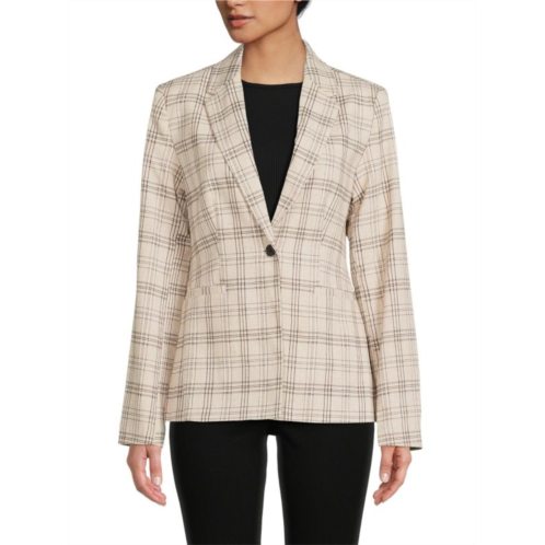 T Tahari Plaid Linen Blend Single Breasted Blazer