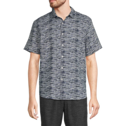 Perry Ellis Short Sleeve Wave Linen Blend Button Down Shirt