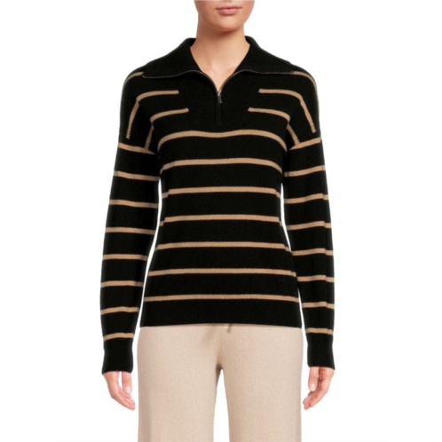 Amicale Striped Cashmere Quarter Zip Sweater