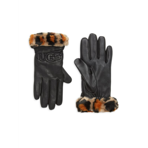 UGG Logo Leather & Faux Fur Cuff Gloves