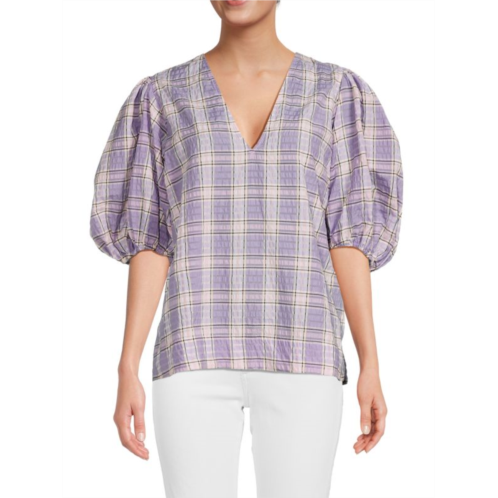 Ganni Seersucker Plaid Puff Sleeve Top