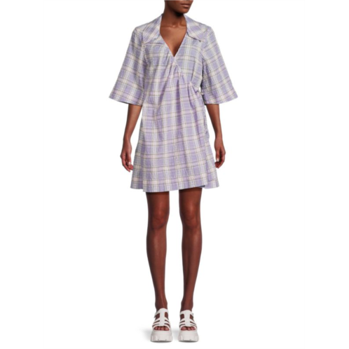 Ganni Seersucker Check Wrap Mini Dress