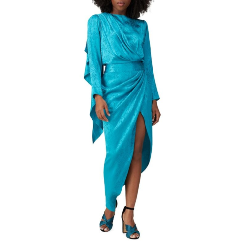 Ronny Kobo Leaf Jacquard Silk Blend Asymmetric Midi Dress