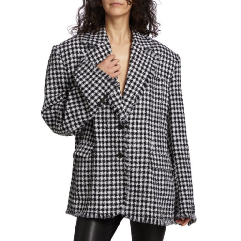 Versace Plaid Tweed & Fringe Trim Blazer