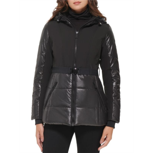 Guess MIxed Media Belted Hooded Puffer Jacket