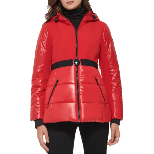 Guess MIxed Media Belted Hooded Puffer Jacket