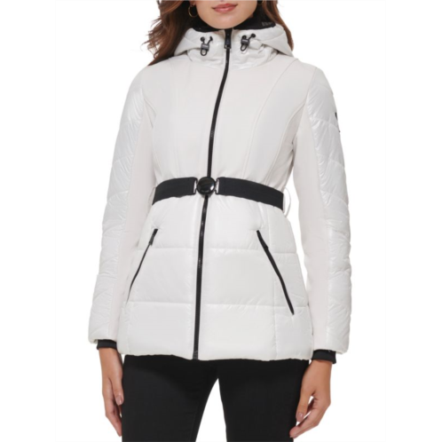 Guess MIxed Media Belted Hooded Puffer Jacket